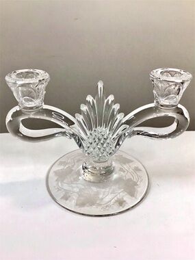 Vintage 1950s HEISEY Crystal Glass Candlestick Holder Etched Plantation Pattern